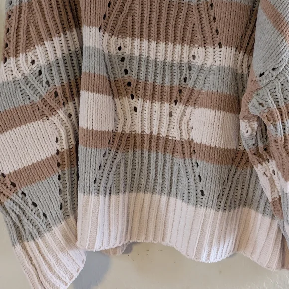 POL V-Neck Striped Sweater -Desert Sage Camel& Cream Cozy Soft Dropped Shoulder - Picture 5 of 13